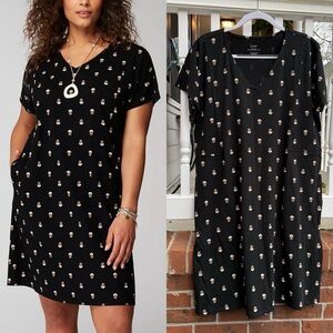 J.jill Pure Jill Soft-v-neck T-shirt Dress Black Airy Floral Organic Cotton LG
